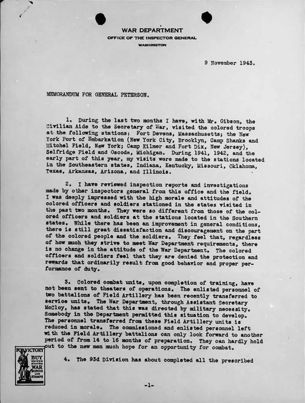 November 9, 1943 Memorandum from General Benjamin Davis regarding his visits with colored troops at several bases -- Page 1