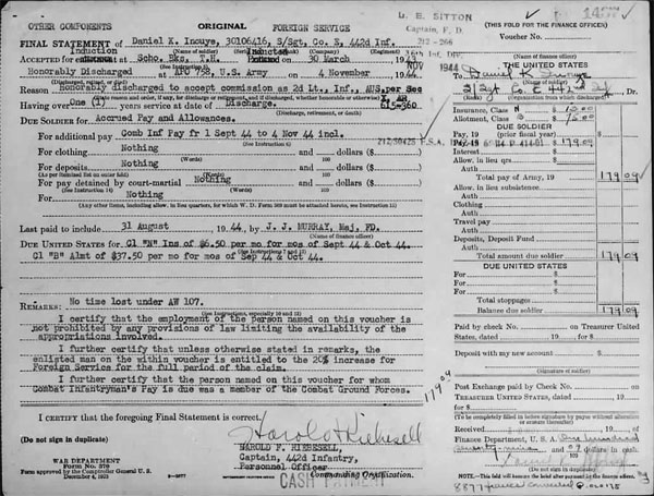 Second  Lt. Daniel K. Inouye Discharge Papers