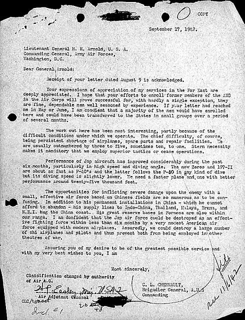 September 17, 1942 letter from  Brig. Gen. C. L. Chennault reporting Flying Tigers activities