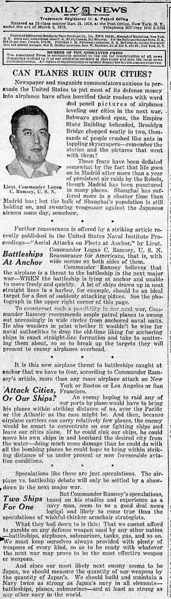 News Editorial by Lt. Comdr. L. C. Ramsey  abour possible  impact of an aerial attack on ships in harbor