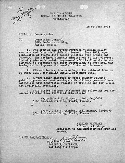 October 16, 1943 Commendation memo from Col. W. Westlake regarding the US public relations tour by the crew of the Memphis Belle after returning from combat