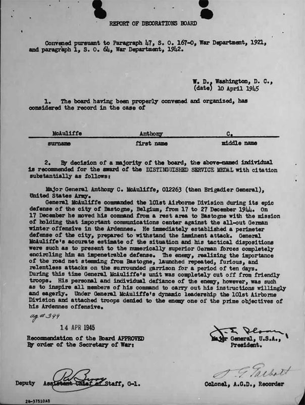 April 10, 1945 Letter awarding Distinguished Service Medal to Maj. Gen. Anthony McAuliffe