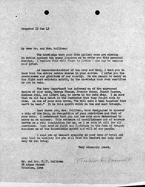January 13, 1943 letter from Franklin Roosevelt to the parents of the five Sullivan Brothers