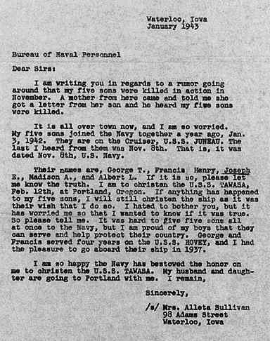 Copy of January 1943 letter from Alleta Sullivan to the US Navy inquiring whether her five sons had been killed in action
