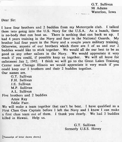 Transcript of G.T. Sullivan's letter to the Navy requesting that he, his four brothers and two other friends serve aboard the same ship