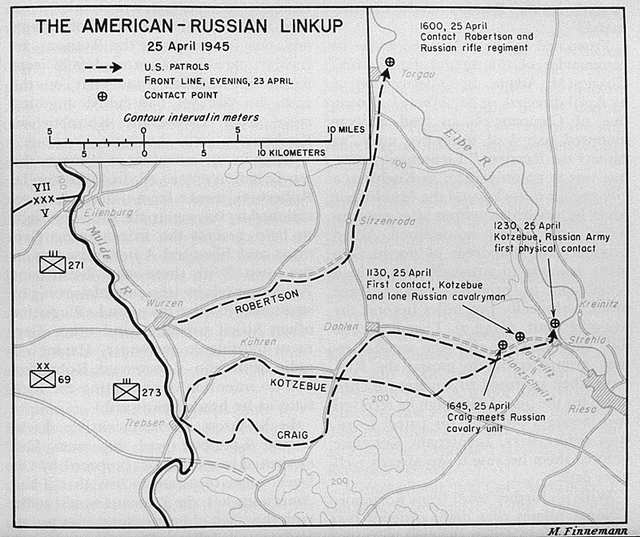 Map showing location of meeting betwen US and Russian troops on April 25, 1945