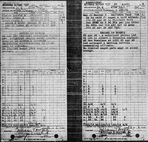 April 27, 1945 Morning Report detailing meeting of US and Russian troops at the Elbe