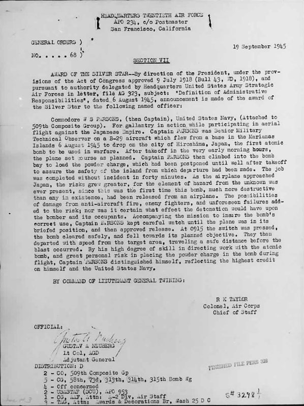 September 15, 1945 letter awarding Capt. William S. Parsons the Silver Star