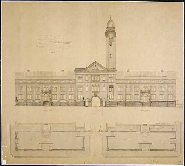 Tentative Sketch of the Clock Tower Complex, including Grant, Sherman, and Sheridan Halls, Fort Leavenworth, Kansas