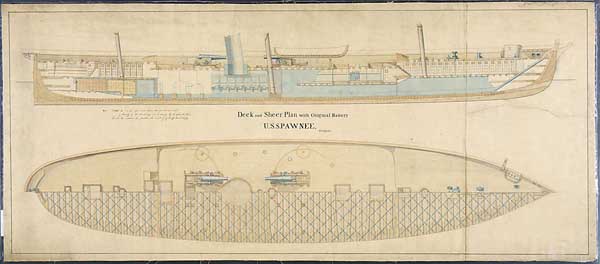 "U.S.S. Pawnee, Sheer and Deck Plan with Original Battery"