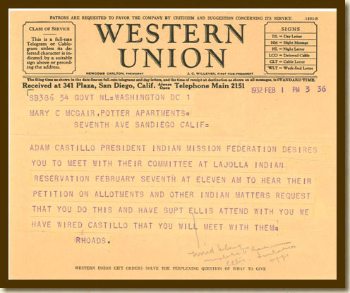 Telegram from Commissioner Charles J. Rhodes to Mary McGair