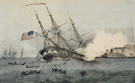 <em>The Sinking of the <em>Cumberland</em>,</em> hand-colored lithograph by F. Newman, published by Currier & Ives, ca. 1862