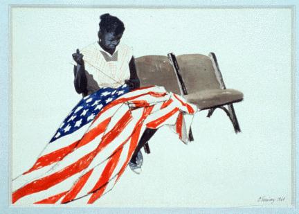 Untitled painting of a black woman sewing an American flag