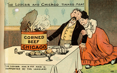 historical postcard that reads The Lodger and Chicago Tinned Meat - the lodger has a fit and is supported by the landlady