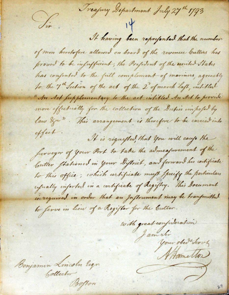 Letter from Alexander Hamilton to Benjamin Lincoln Regarding the Crew Size for Revenue Cutters