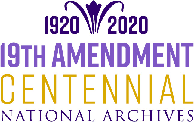 Purple and yellow text on a white background. Text reads 1920 - 2020. 19th Amendment Centennial National Archives.  The dash in the date range is replaced with a stylized lily graphic.