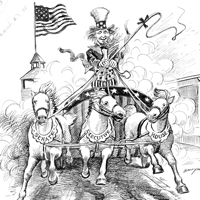 Cartoon of Uncle Sam driving horses
