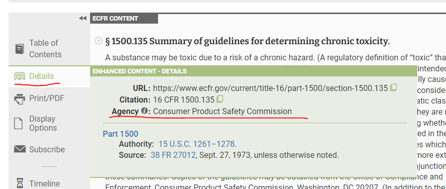 "Consumer Product Safety Commission" shown as agency after clicking "Details" on eCFR left navigation bar