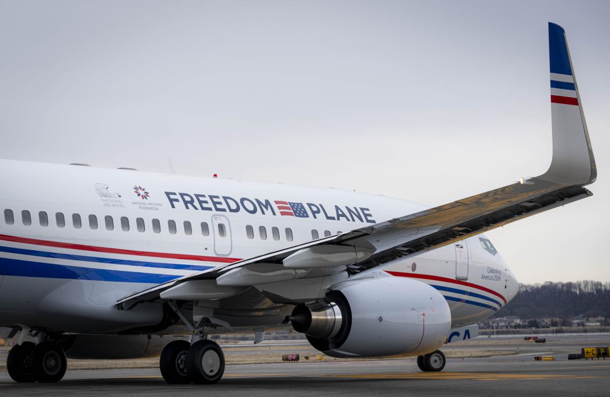 The Freedom Plane prepares for takeoff ahead of its inaugural flight from Ronald Reagan Washington National Airport on Monday, March 2, 2026. (Courtesy of the National Archives Foundation)