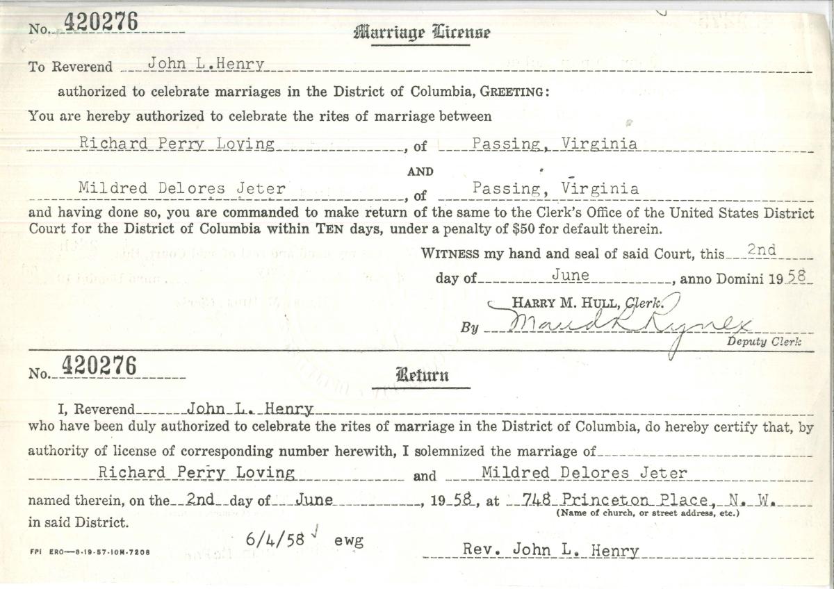 Marriage license issued to Richard Perry Loving and Mildred Delores Jeter