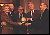 President Ford and First Lady Betty Ford receive the Congressional Gold Medal from Speaker of the House Dennis Hastert and Senator Strom Thurmond.  Also shown is President Bill Clinton. October 27, 1999.