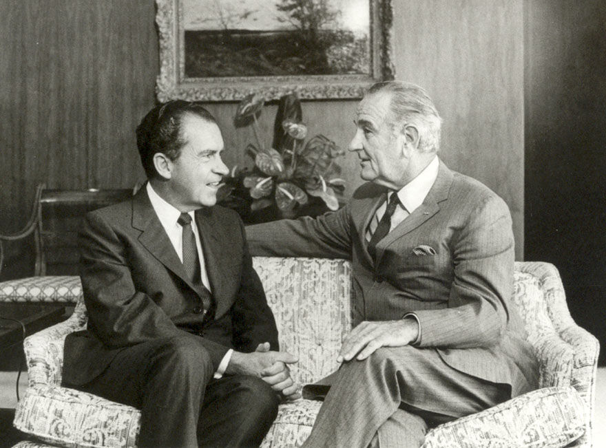 President Richard Nixon and Former President Baines Lyndon Johnson in the Presidential Office at the Western White House, La Casa Pacifica, August 27, 1969