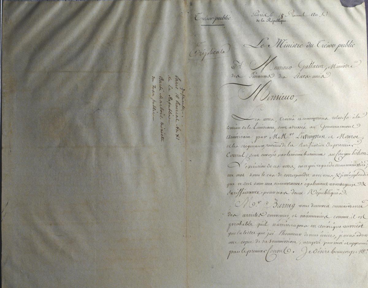 A letter from the minister of the public treasury of the French Republic to the secretary of the treasury concerning the arrival of Alexander Baring in America.