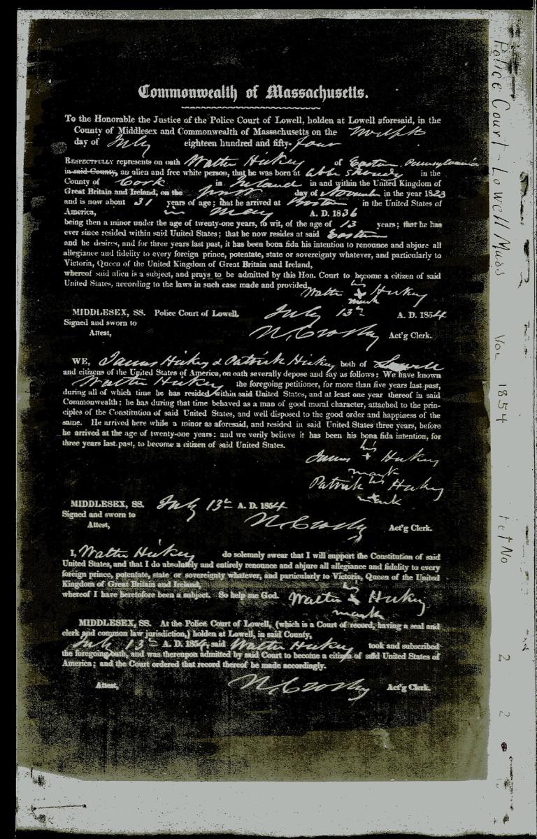 naturalization record for Walter Hickey in negative image format