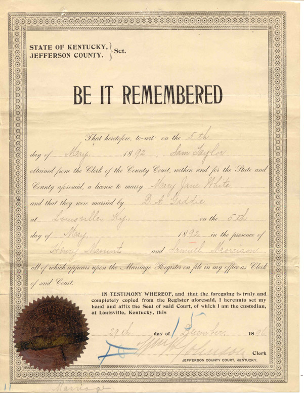 Mary Jane Taylor's and Samuel Taylor's marriage certificate. 