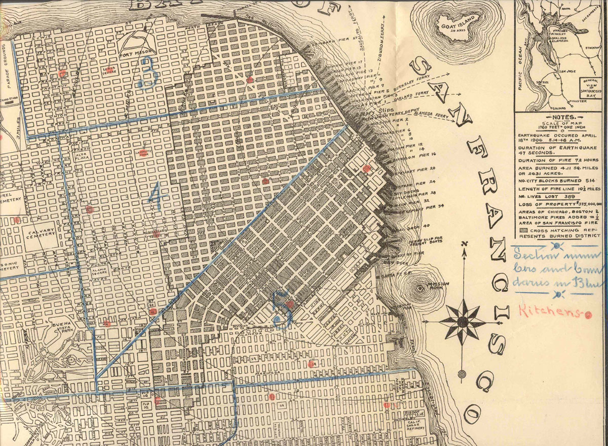 San Francisco drawn for the Army showing the downtown area and wharves after the 1906 earthquake