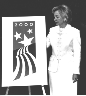 Hilary Rodham Clinton with logo for White House Millennium Council