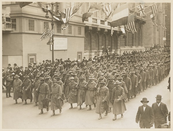 N.Y.'s Negro Regiment leaves for Training Camp marching up 5th Ave
