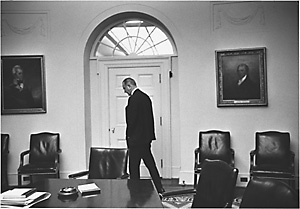 President Johnson walking in office