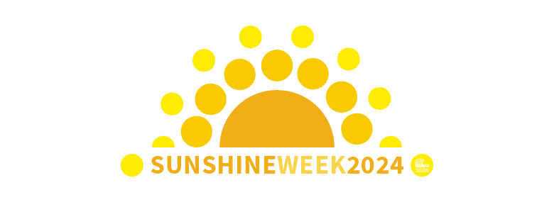 Yellow sun graphic with words Sunshine Week 2024 and the National Archives logo