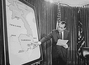 President Richard Nixon Points to a Map of Cambodia during a Vietnam War Press Conference