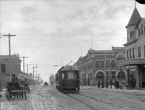 "Interurban cars running through Main Street of Caldwell"