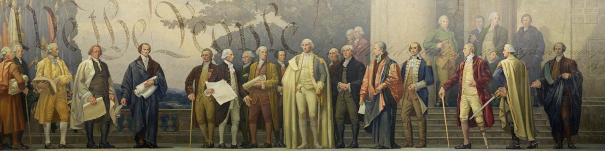George Washington is about to receive the draft of the Constitution from James Madison in this mural by Barry Faulkner in the National Archives Building in Washington, DC