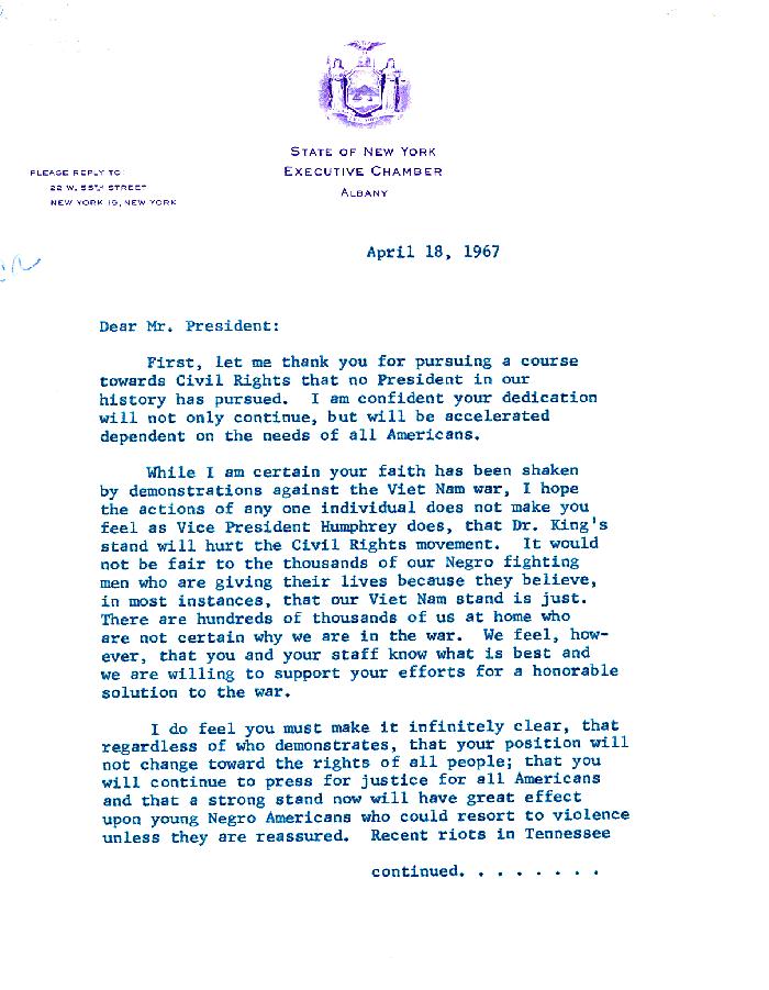 Letter from President Lyndon B. Johnson from Jackie Robinson