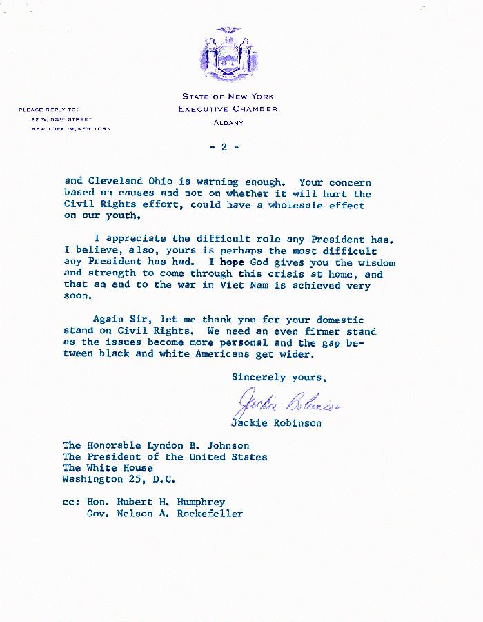 Letter from President Lyndon B. Johnson from Jackie Robinson