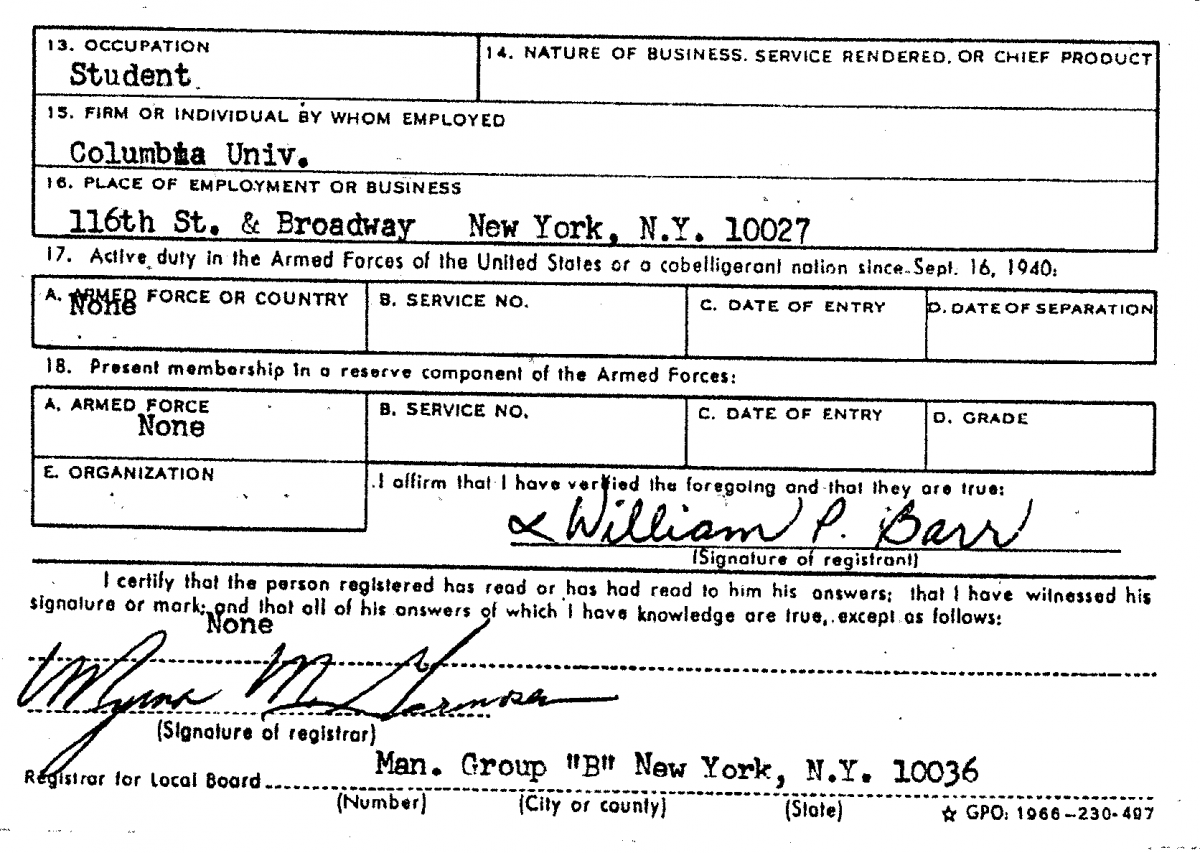 William Pelham Barr's Selective Service Draft Card and Selective