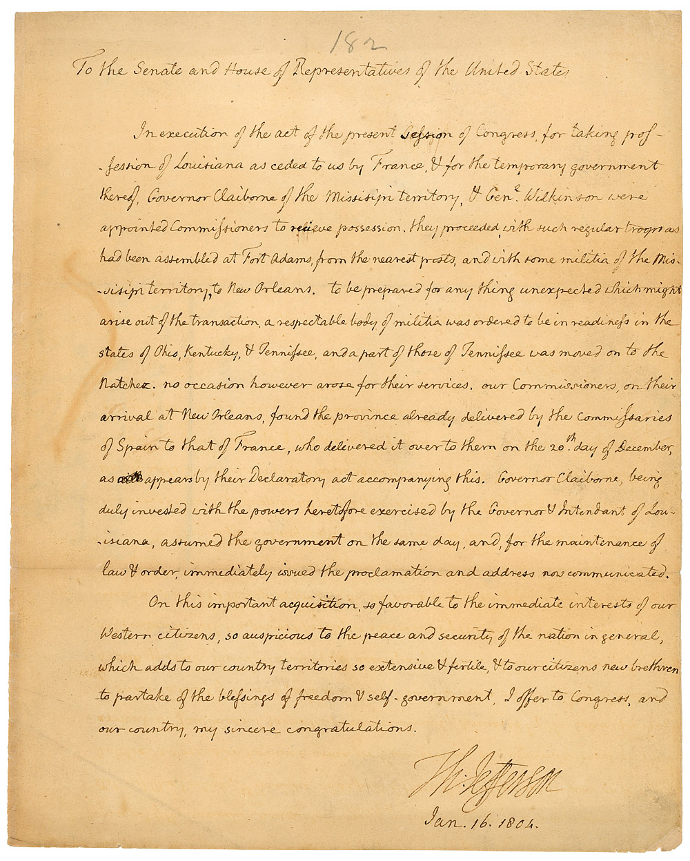 President Thomas Jefferson&#39;s message to Congress regarding the Louisiana Purchase, January 16 ...