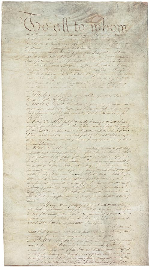 “Articles of Confederation;” March 1, 1781. National Archives, Records of the Continental and Confederation Congresses and the Constitutional Convention, Record Group 360,  https://www.archives.gov/milestone-documents/articles-of-confederation.  