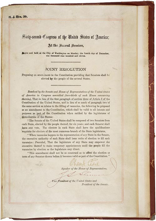 17th Amendment To The U S Constitution Direct Election Of U S 