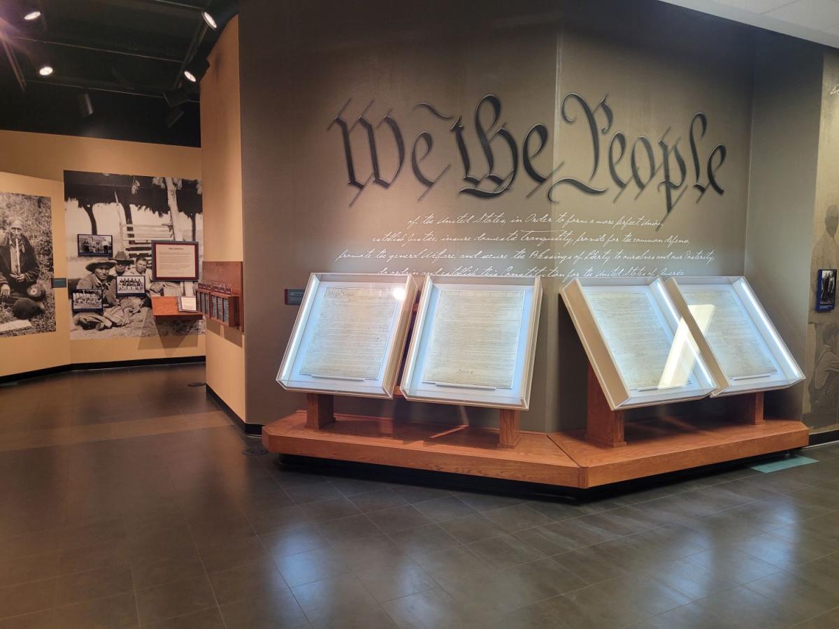 Color photograph of entrance to We the People exhibit on display at the National Archives Kansas City.