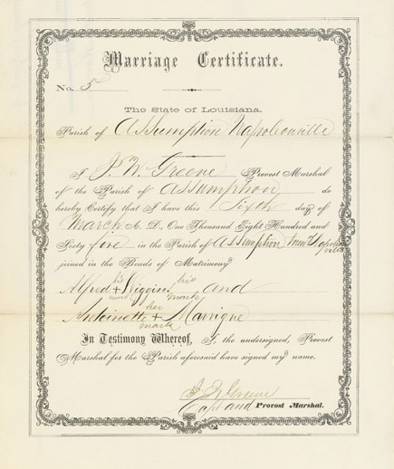 Marriage certificate of Alfred and Antoinette Wiggins