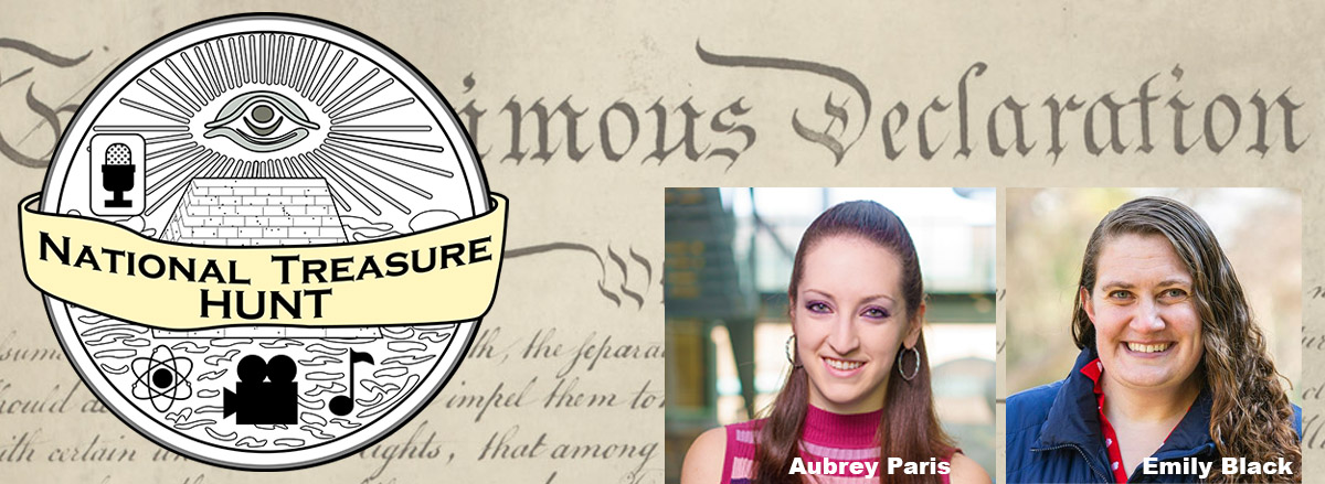 National Treasure Hunt logo and portraits of Aubrey Paris and Emily Black