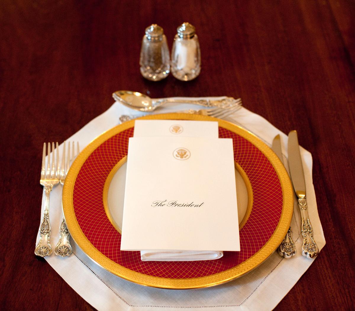 Color photograph of White House dinner place setting