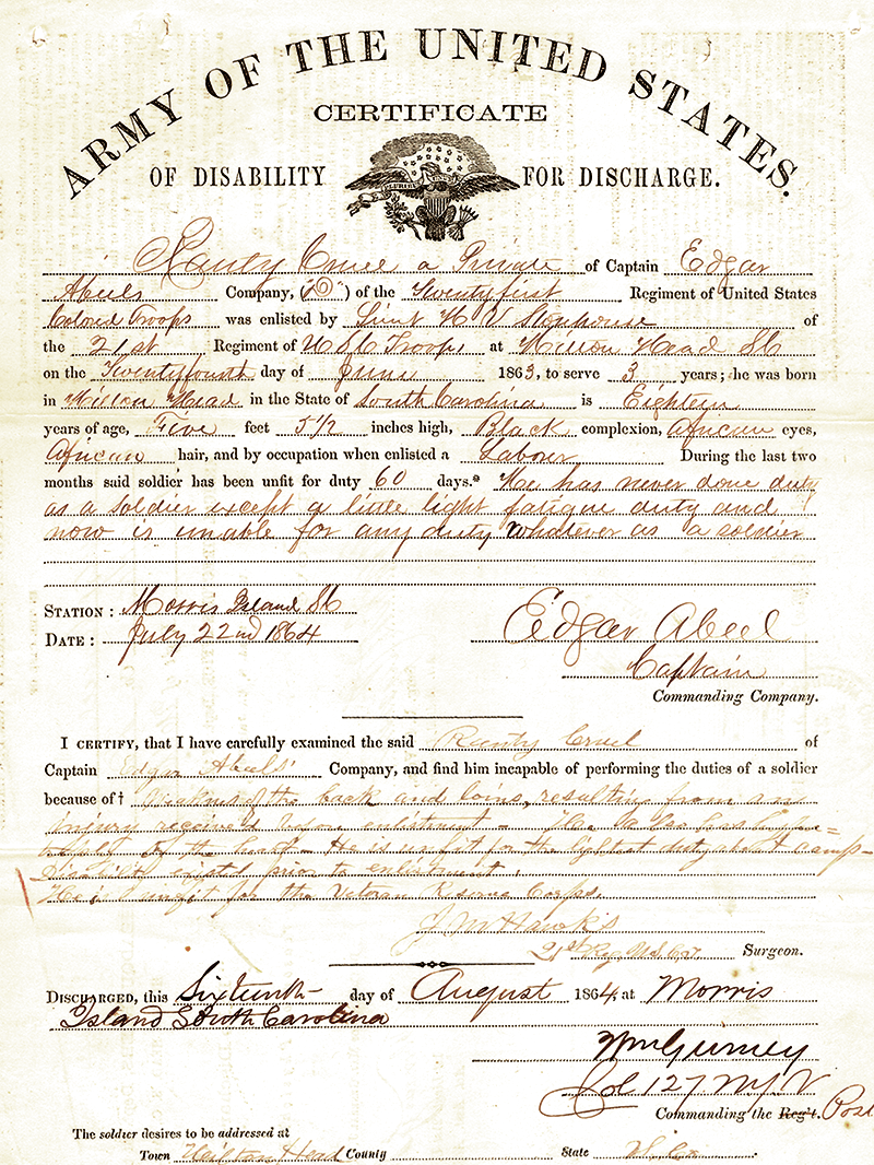 Renty Greaves's certificate of discharge from the Union Army