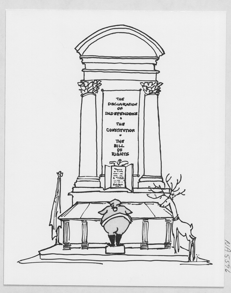 Drawing of Santa Claus looking at the Declaration of Independence in the National Archives Rotunda