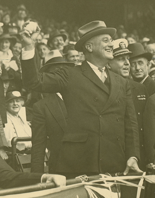 FDR throws out the first baseball at a game at Griffith Stadium, Washington, DC , 1934